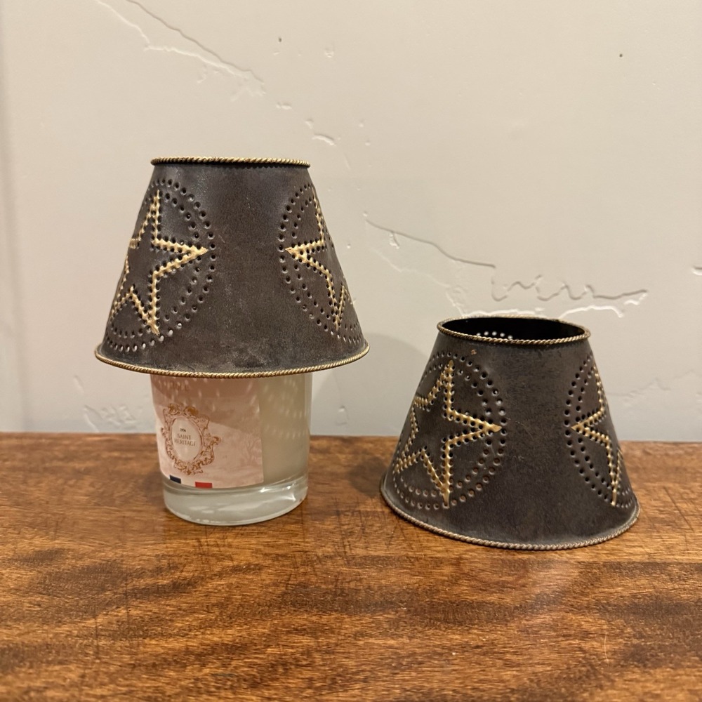 Candle Lamp Shade Topper Metal Star Punch Design Brown/Gold Primitive Americana‎